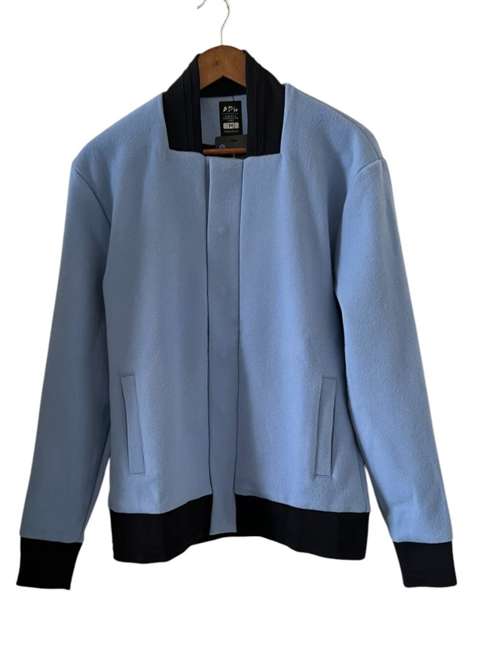 APL NEW Perfect Wool Varsity Bomber Jacket In Light Blue Black Trim Size M